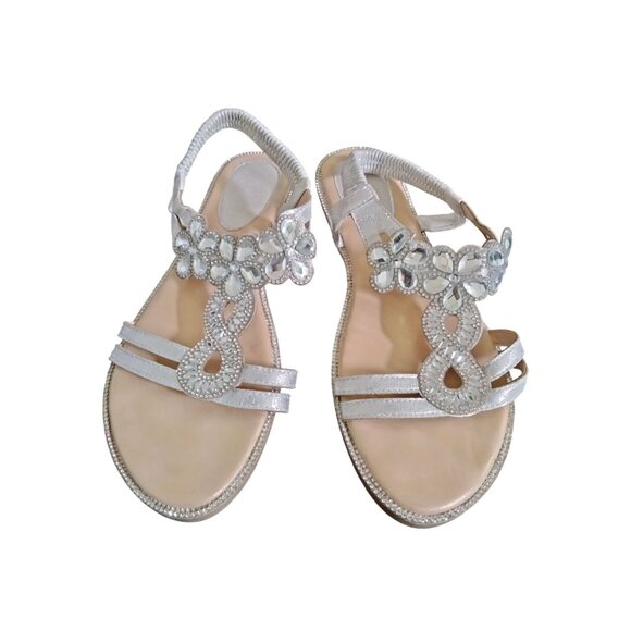 Open Toe Crystal with Rhinestone Beaded Bohemian Sandals Silver Size 40 (9.5) - Picture 4 of 9